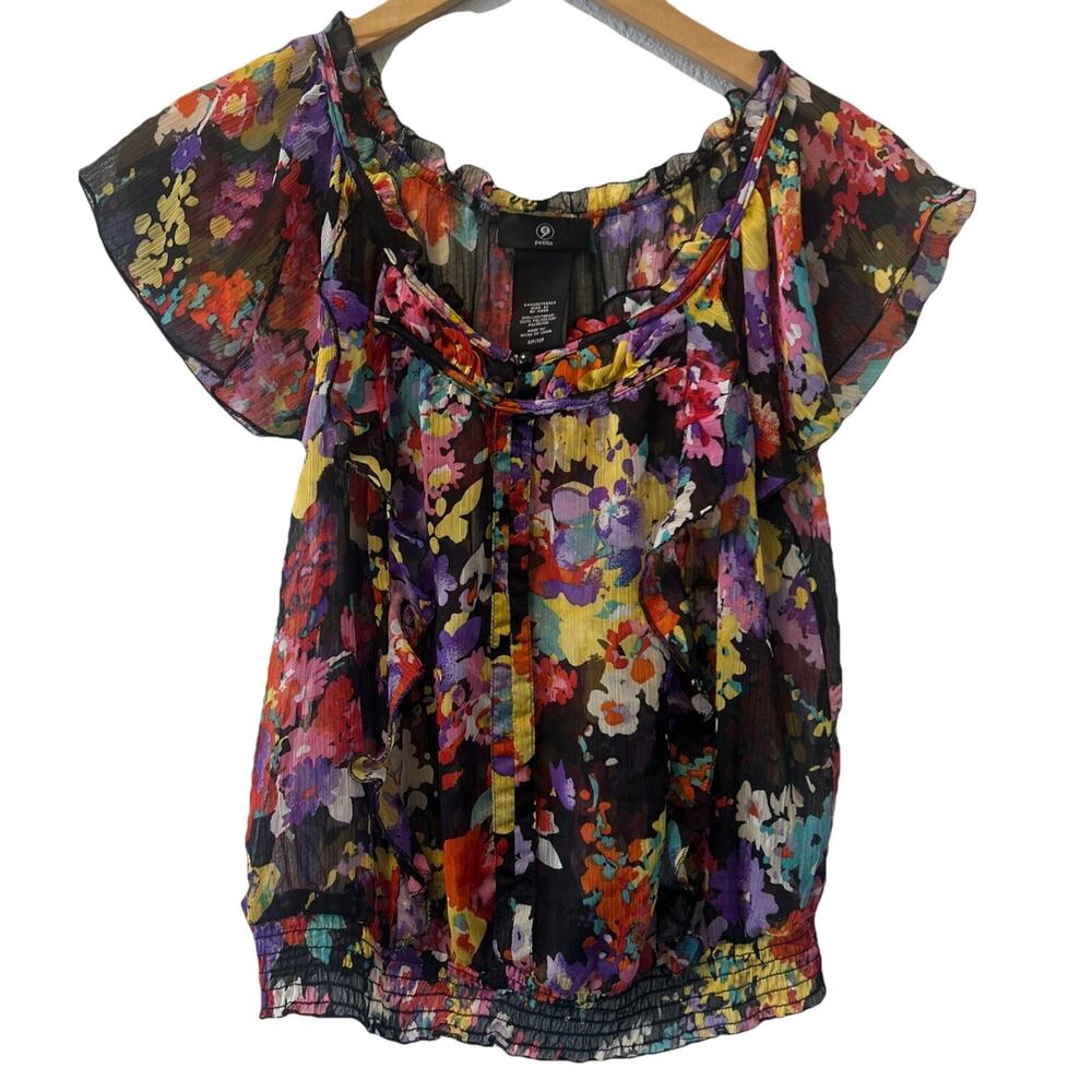 A Petite Sheer Floral Blouse Ruffle Women's Size MP Black Boho